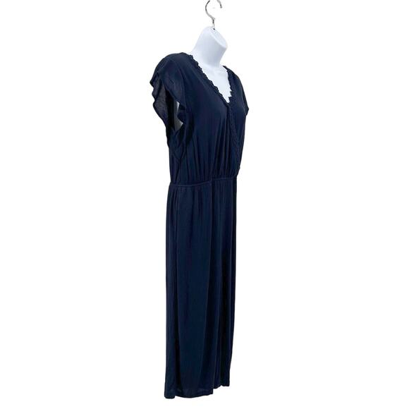 Maurices Navy Romper WMNS S Lace Trim Flutter Sleeve Stretchy V-Neck Keyhole - Picture 4 of 10